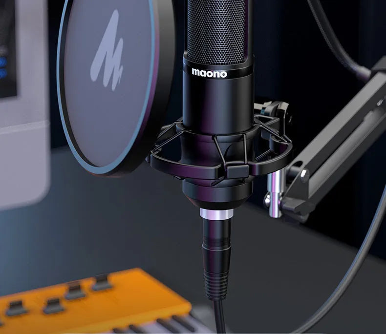 Maono Shunk PM320 black and gold live microphone set with XLR connector on stand