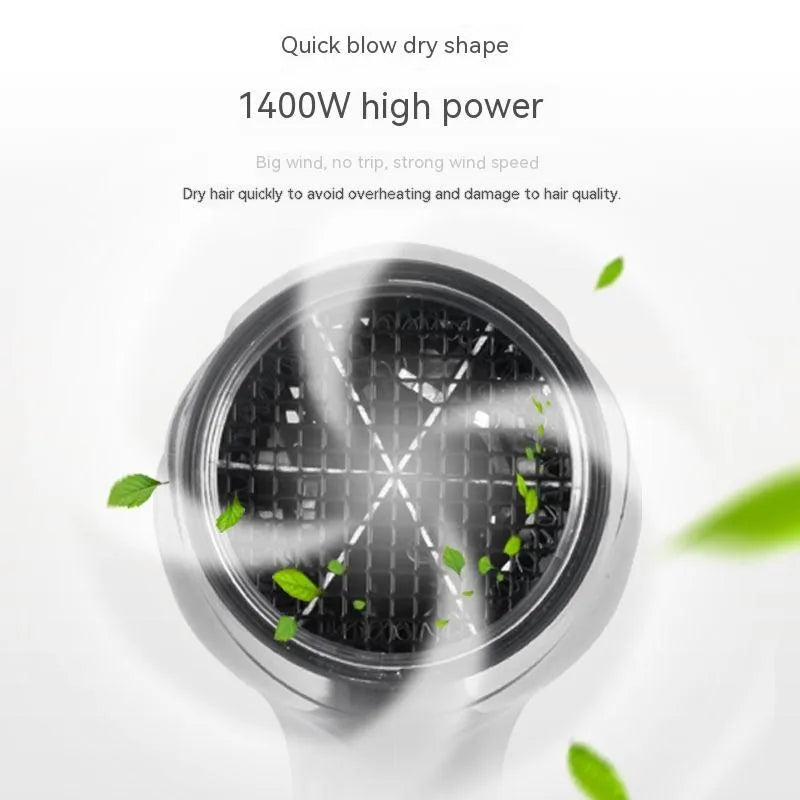 Portable Moon White hair dryer with 1400W rated power, 150cm cord, and national standard plug for household and travel use.