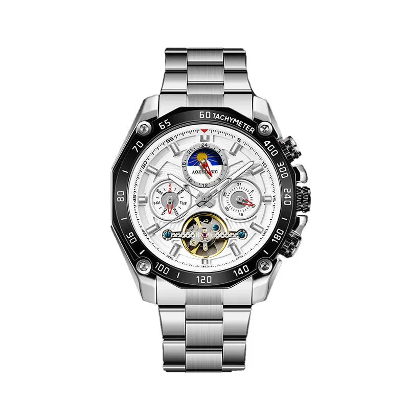 Men's automatic mechanical watch with a 12mm case in silver, black, and gold colour options on a wrist.