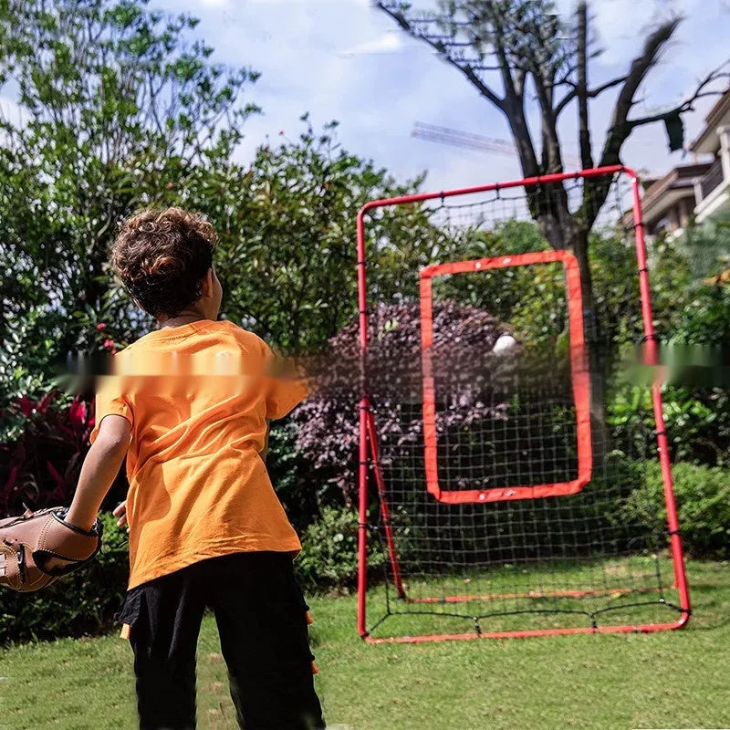 Red portable baseball training net with adjustable metal frame, folded to show its compact size.