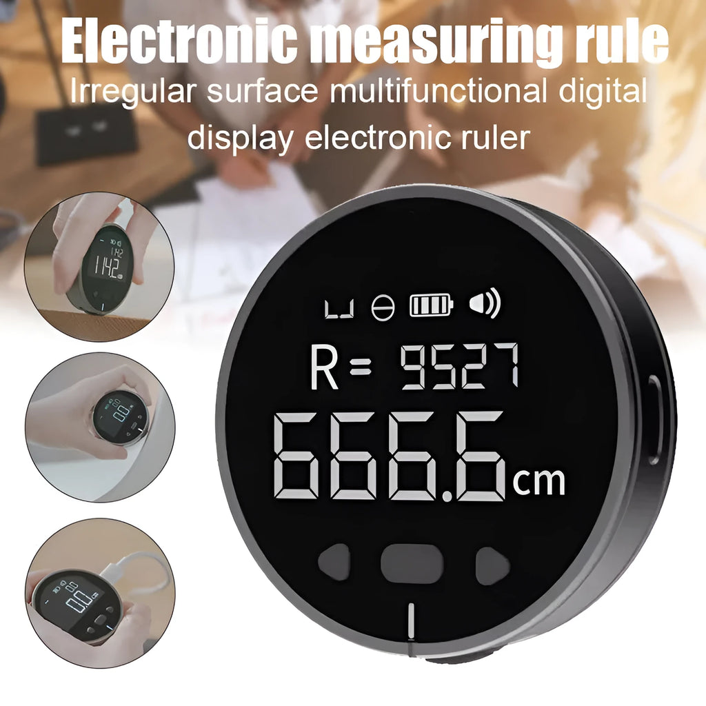 Black digital electronic measuring ruler with 1.8 inch VA LCD display on a flat surface