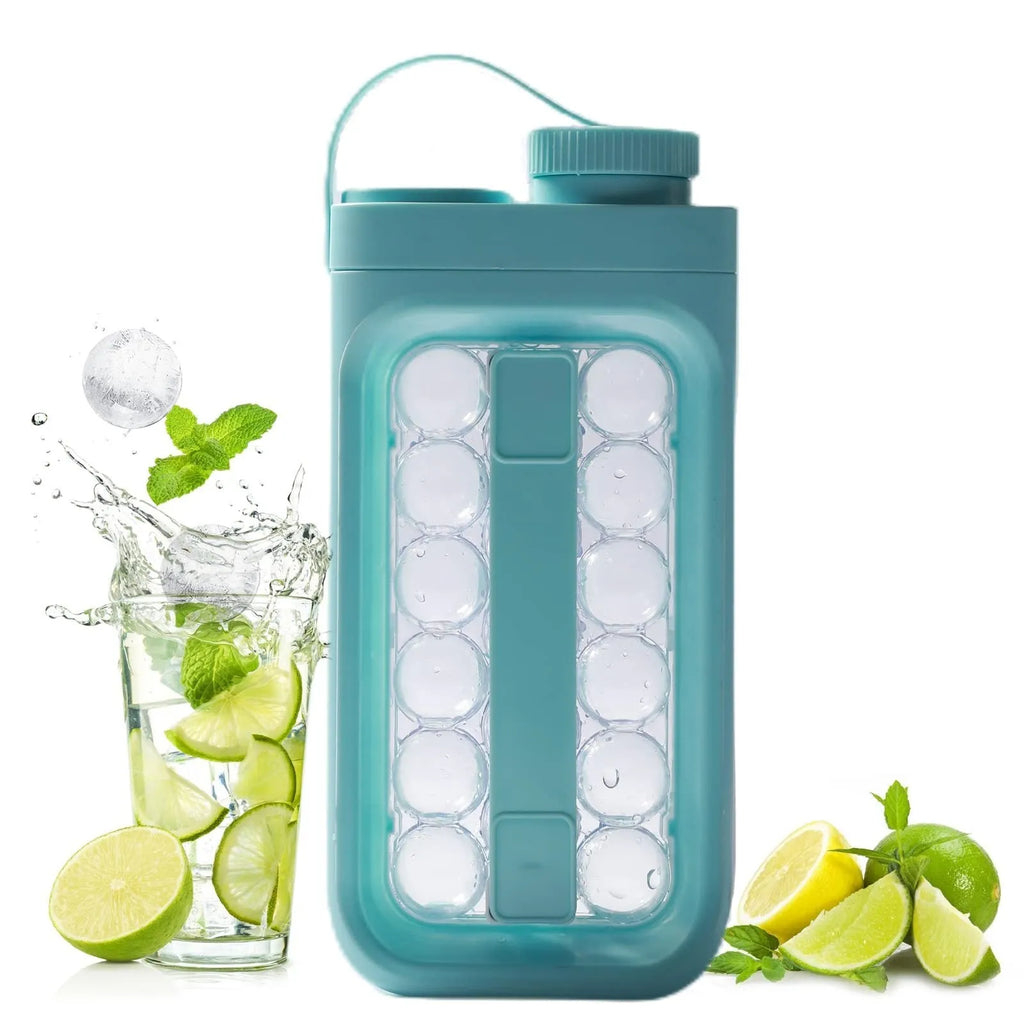 Light blue portable ice ball kettle showing 17 spherical compartments and lid
