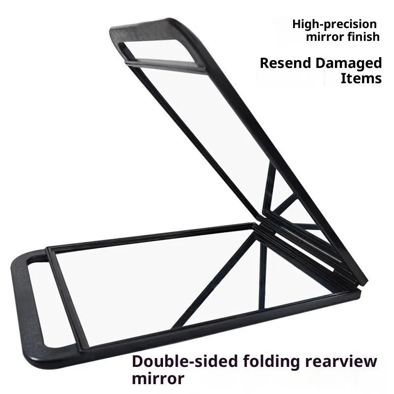 Double large folding hairdressing rearview mirror in black with HD double-sided reflective surface and plastic frame.