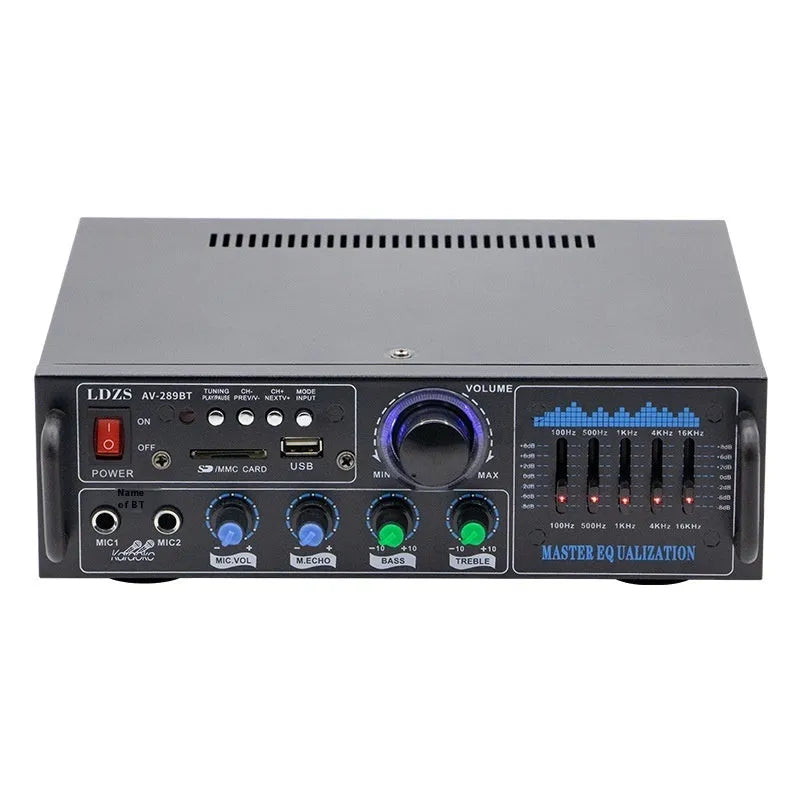 High-power Bluetooth audio amplifier with USB disk playback, metal chassis, 80W output, 2.0 channels, compact 5.3x19.6x7.5cm size
