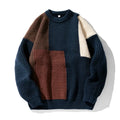 Men's colour block stitching knitwear sweater, loose long sleeve pullover in khaki or navy blue, sizes M to XXL