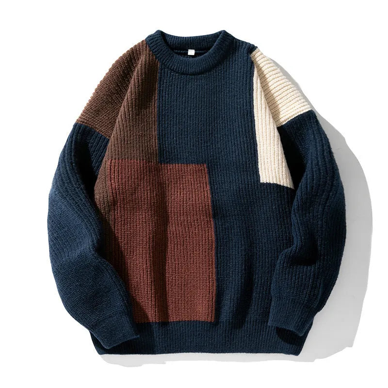 Men's colour block stitching knitwear sweater, loose long sleeve pullover in khaki or navy blue, sizes M to XXL