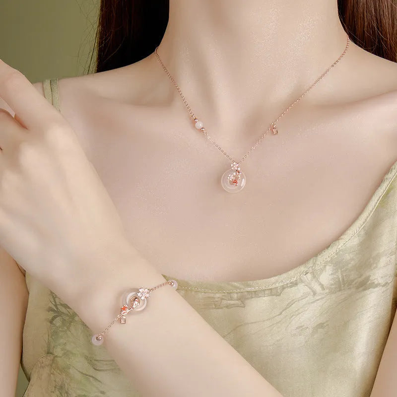 S925 sterling silver bracelet with white chalcedony crystals in floral new Chinese style design