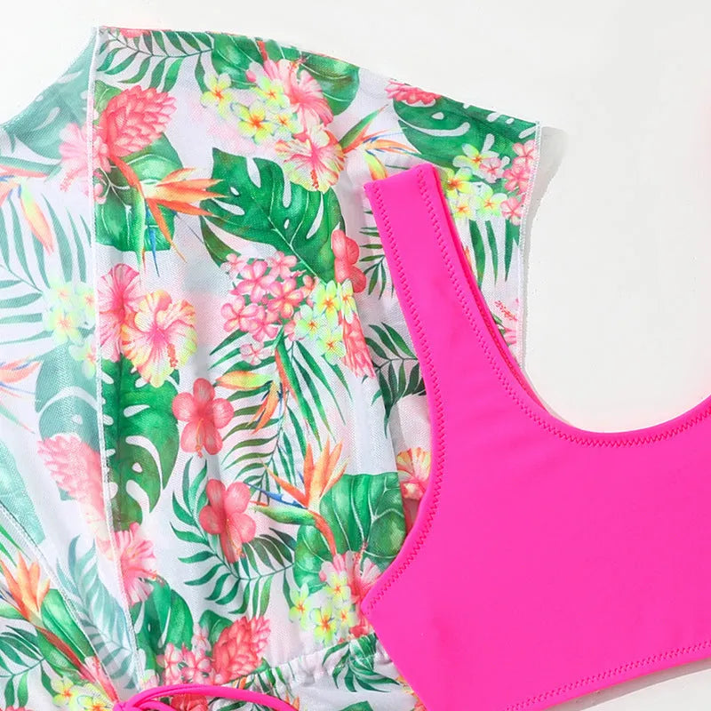 Girls' floral print two-piece swimsuit for swimming in sizes 130cm to 160cm.