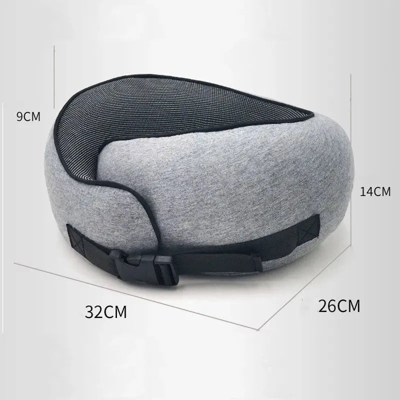 Memory foam U-shaped travel neck pillow in navy blue with buckle closure