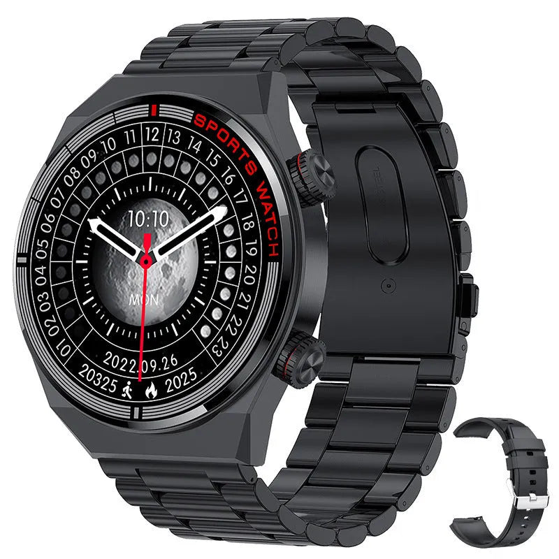 Rotary key Bluetooth smartwatch with touch screen on a genuine leather strap, showing call and fitness tracking interface.