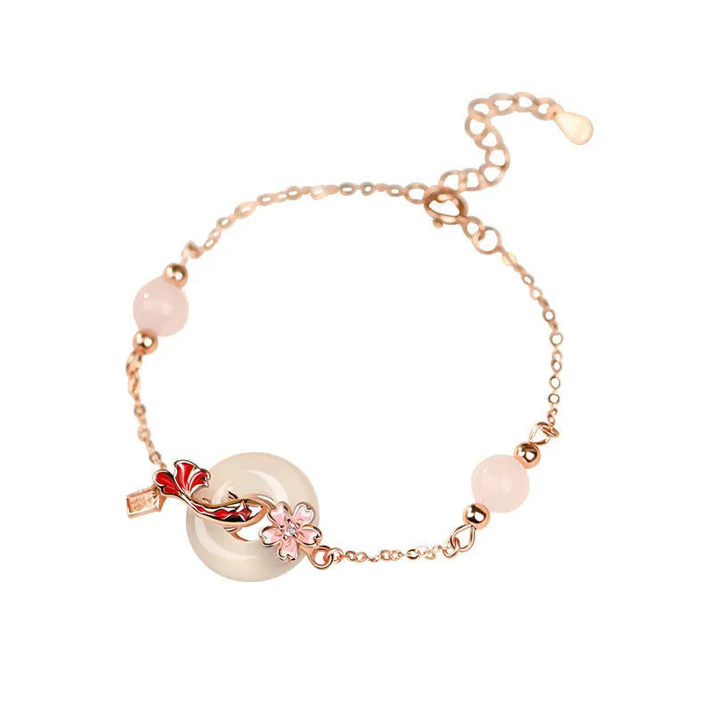 S925 sterling silver bracelet with white chalcedony crystals in floral new Chinese style design