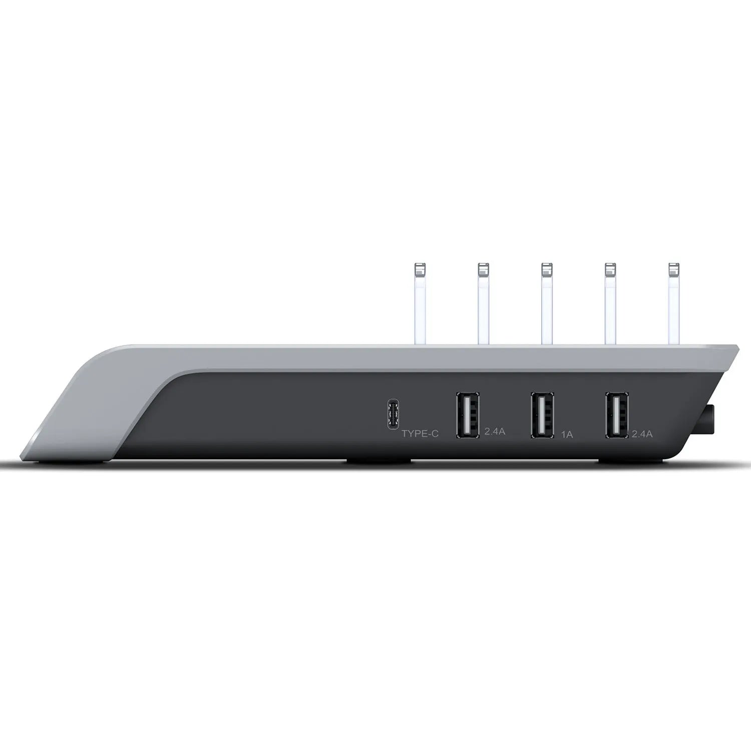 Black universal charging stand base for mobile phones and tablets on a desk.