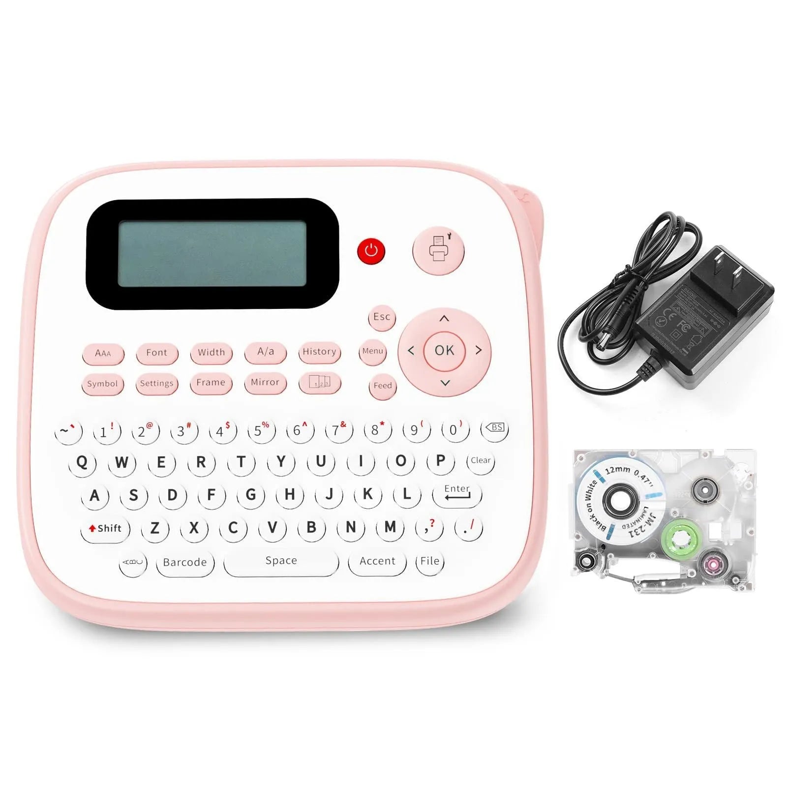 Mini portable ink-free Bluetooth label printer in pink with label tape roll, UK AC adapter, and user manual on a desk