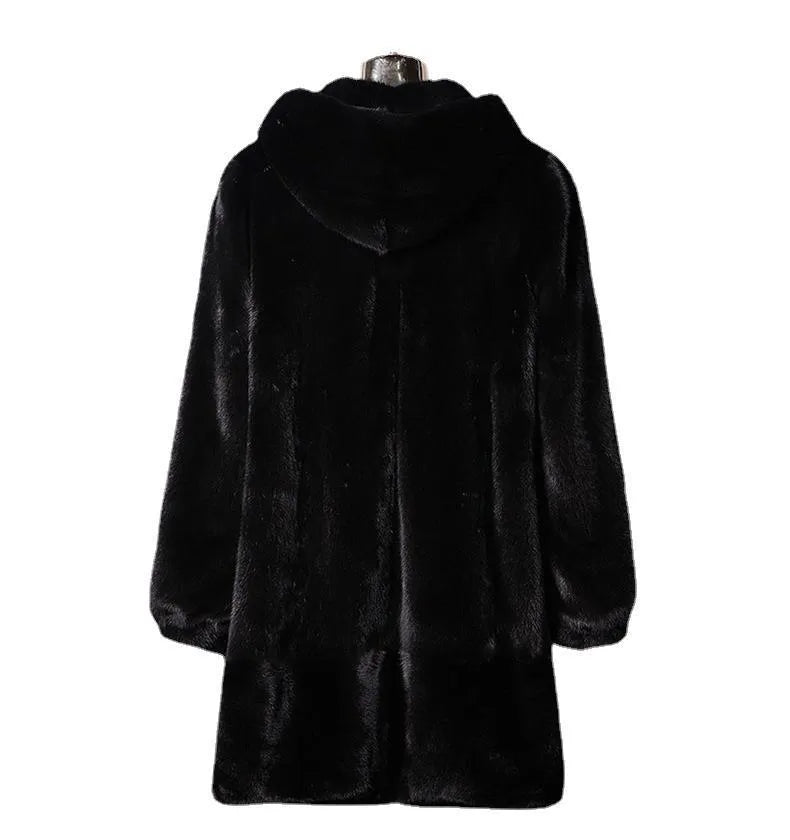 Women's long black faux fur hooded coat with street fashion style.