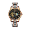 Men's automatic mechanical watch with rose gold case, black dial, and large multifunctional display.