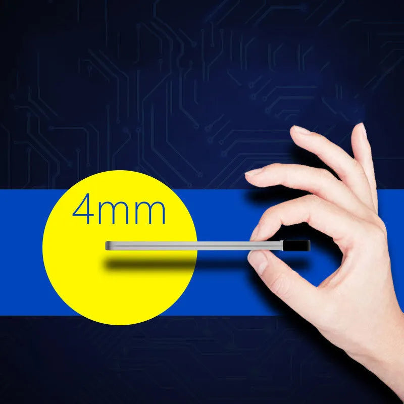 Silver ultra-thin graphene power bank measuring 140x72x4mm with 4000mAh capacity