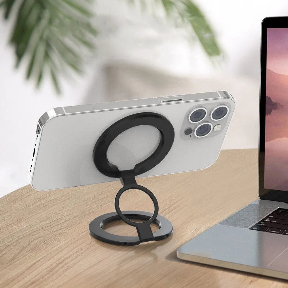 Double-sided metal magnetic ring bracket in black and silver alloy for universal phone mounting