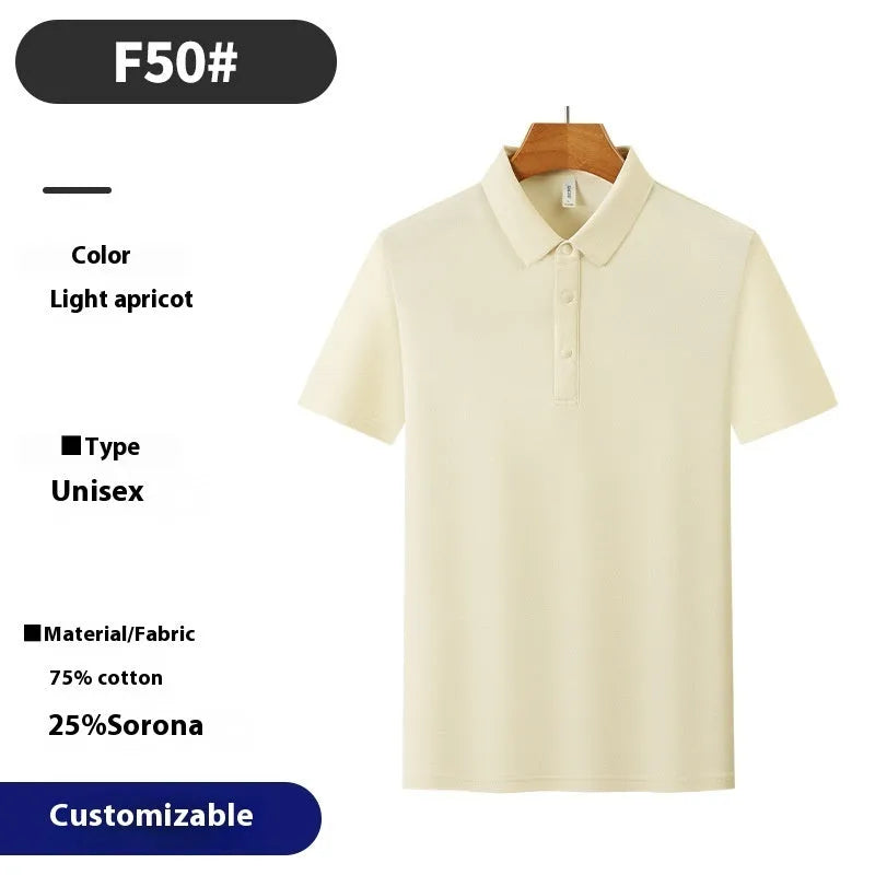 Short sleeve lapel collar polo shirt in solid colour cotton blend fabric on a hanger