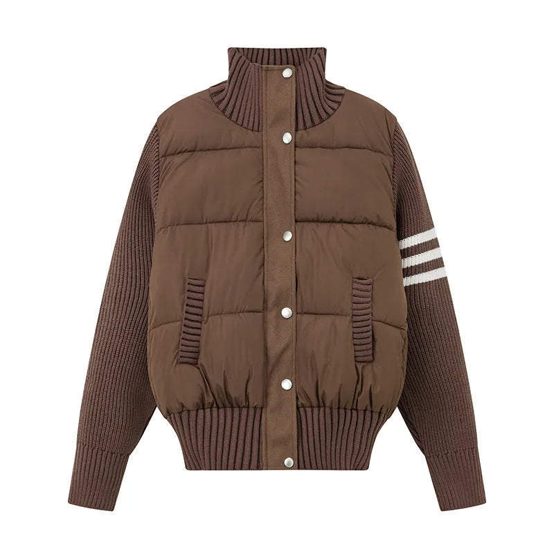 Knitted stitching colour contrast casual cotton-padded jacket with pockets, beige, front view