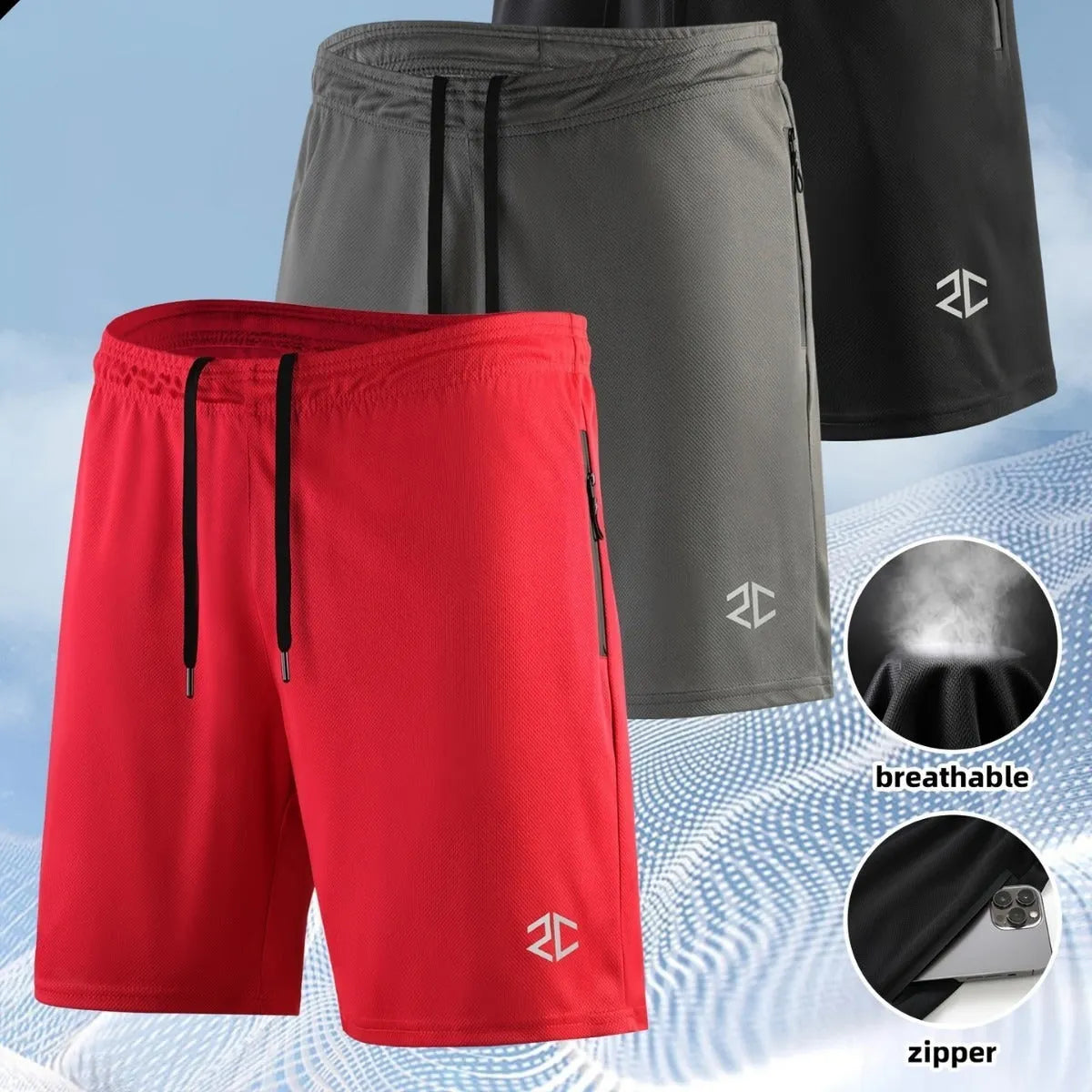 Men's quick-drying polyester cotton blend outdoor training shorts with zipper pocket, five-point length, mid waist, colour black, side view