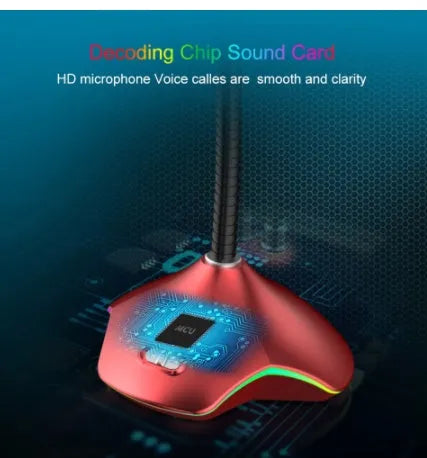 Black wired computer microphone with foam pop filter on a desktop stand.