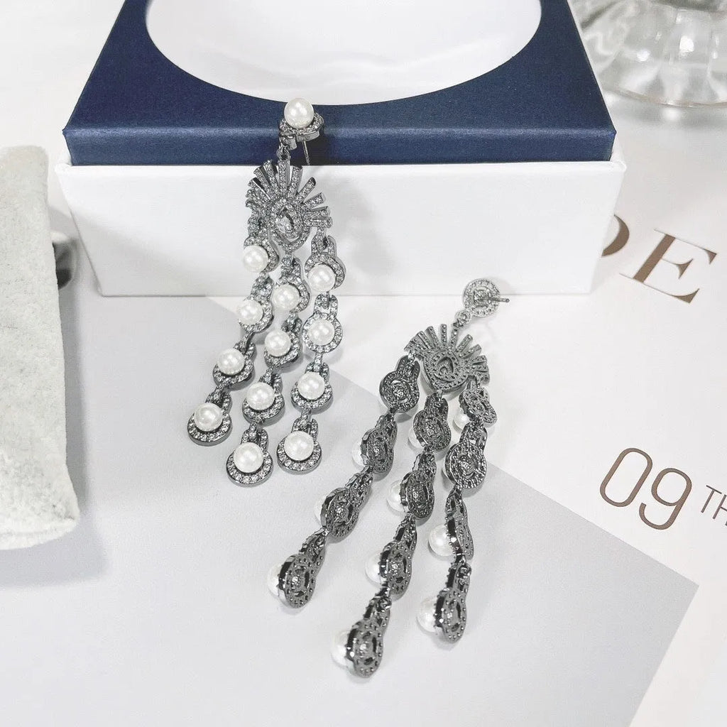 Micro inlay zircon beaded fringe earrings in gold zircon colour on copper base, drop dangle style