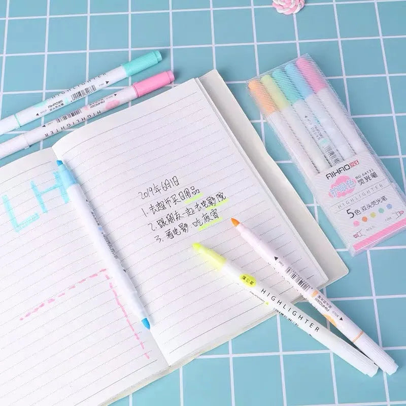 Five double head eye protection highlighter pens in assorted colours set packaging
