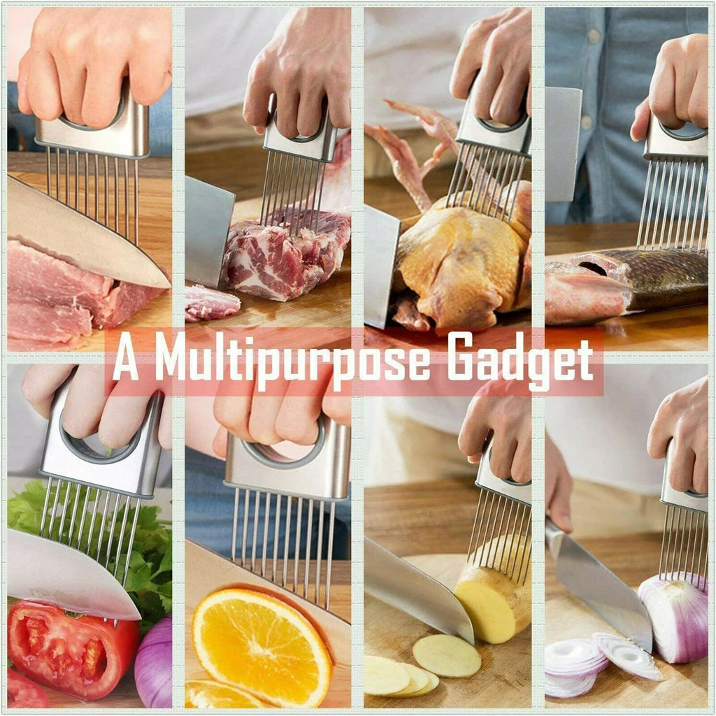 Stainless steel onion holder slicer with sharp prongs and a separate finger guard on a kitchen counter.