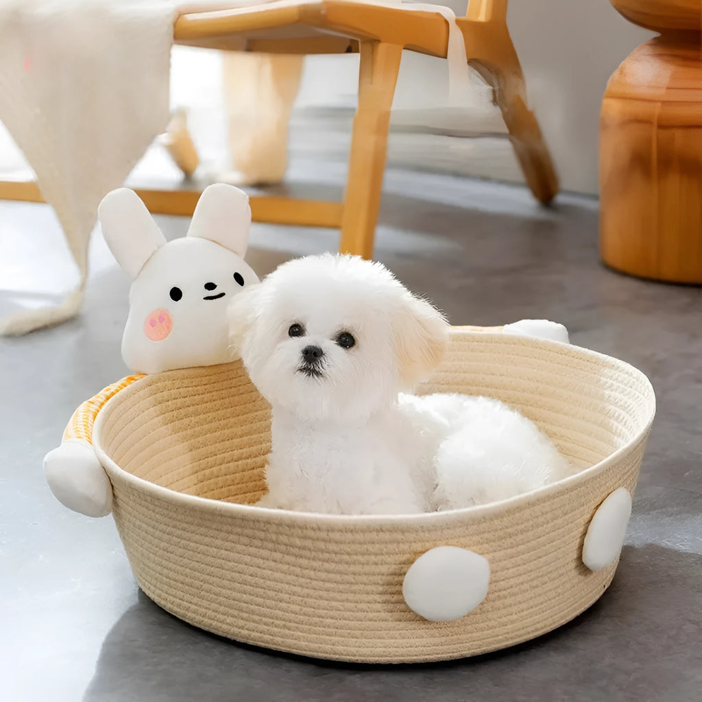 Woven cotton rope cat bed basket with scratching pad in bear design, shown in medium size.