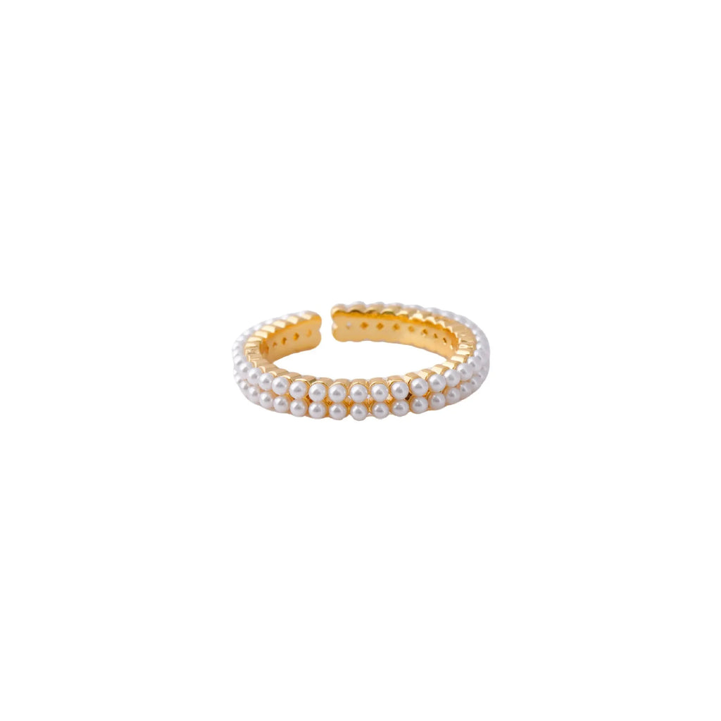 Geometric gold electroplated women's ring with open mouth design and round pearl element