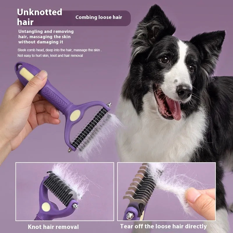 Purple double-sided plastic pet comb with fine and wide teeth for grooming cats and dogs.