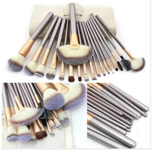 Persian makeup brush set with rice white bristles and champagne coloured handles, showing 12, 18, or 24 piece options.