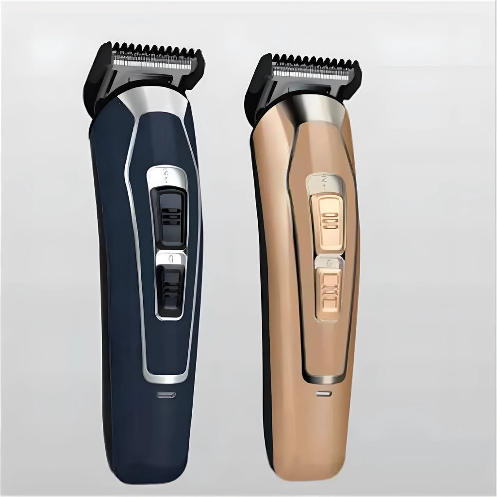 Dark blue electric hair clipper with stainless steel blades and rechargeable battery for home grooming