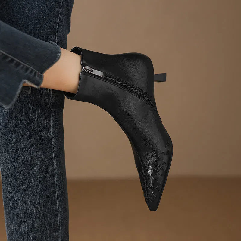 Women's knit ankle mid-heel boots with genuine cowhide leather, plush lining, and waterproof platform