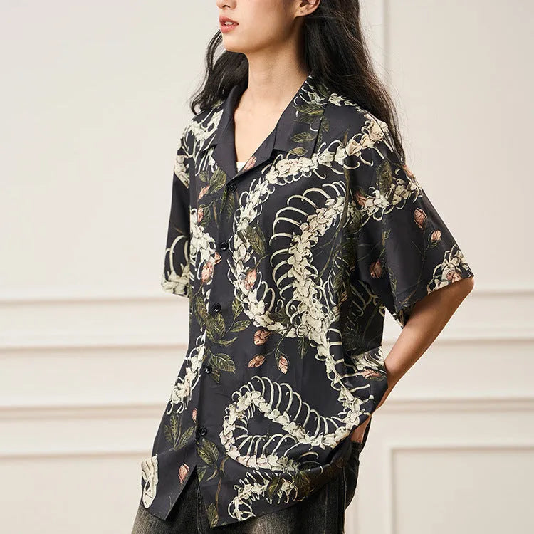 Short sleeve shirt with snake bone and flower pattern, Cuban collar, loose fit, in available colours.