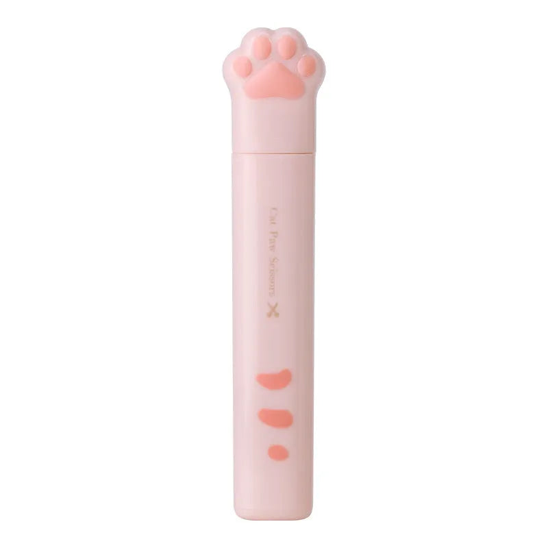 Cat paw mini folding scissors in pink, white, black and blue colours showing compact 8.7 cm size
