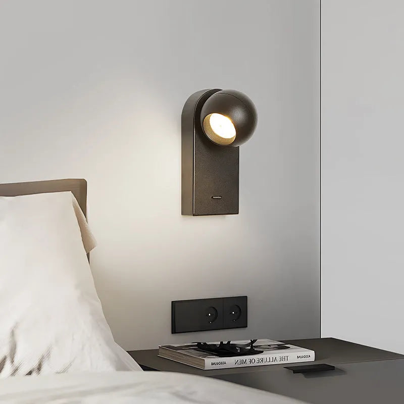 Minimalist rotatable LED wall lamp in sand white finish, 7W, showing compact D8x7.5x17x3cm design for bedside use