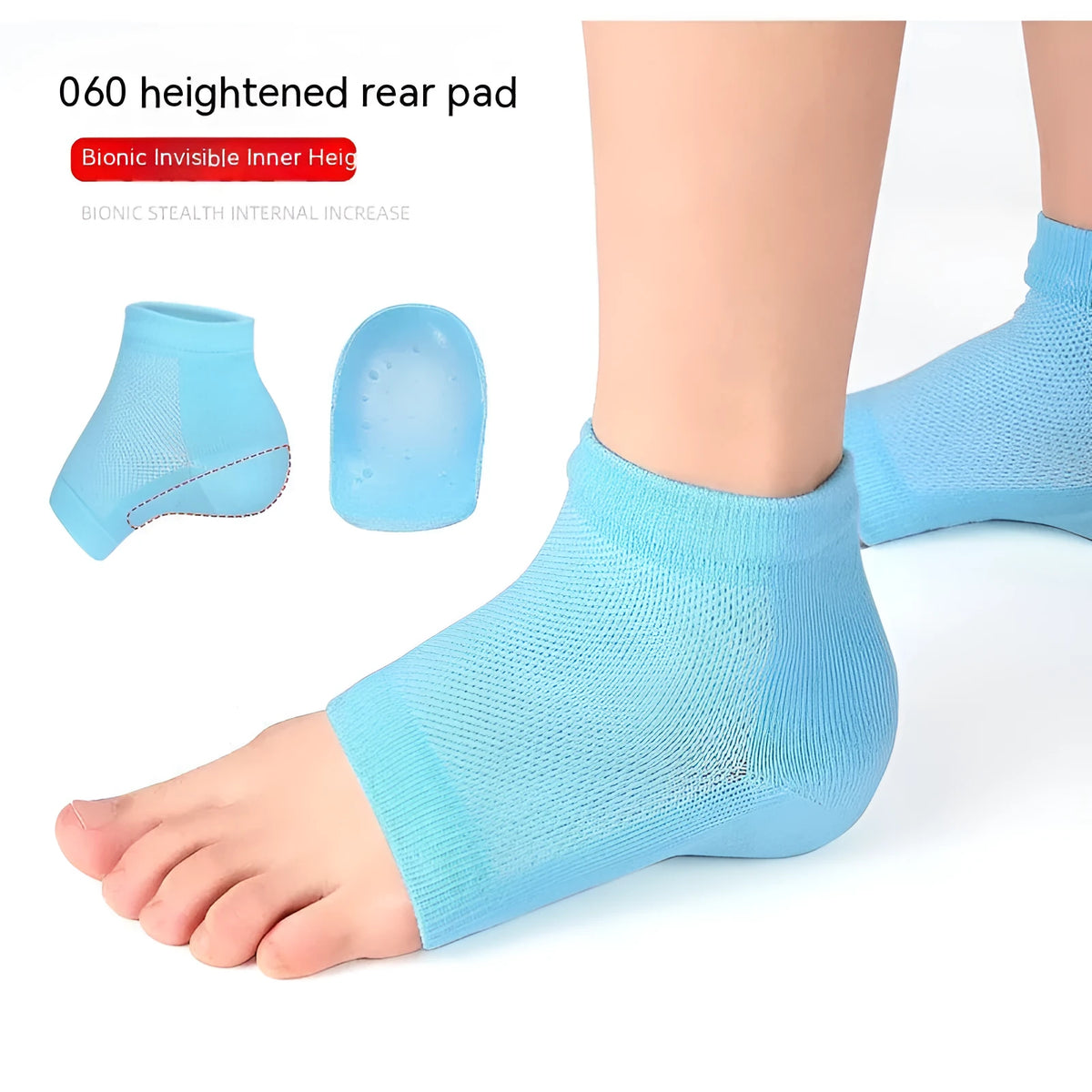 Half insole bionic thickened foot sock in pink, gray, black, and blue on a white background