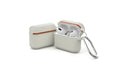 Silicone clamshell case for Apple AirPods in multiple colours, shown with a metal buckle attachment.