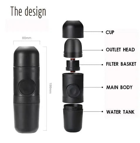 Black portable manual coffee machine with compact 6x17.5cm dimensions