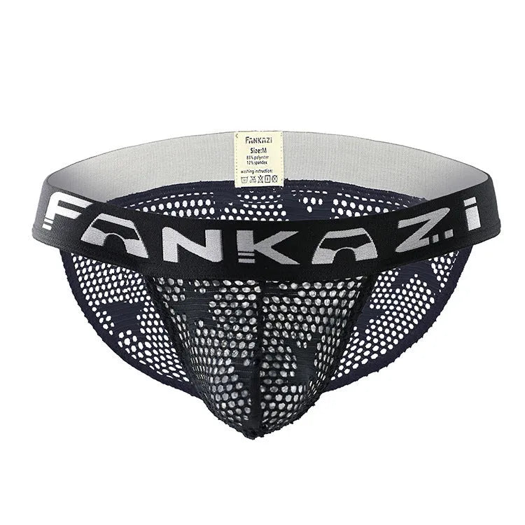 Men's low waist briefs with hollow mesh fabric in white and black colour options