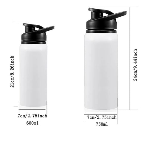 White aluminium sports water bottle with leak-proof lid, shown in 600ml and 750ml capacities for cycling and running.