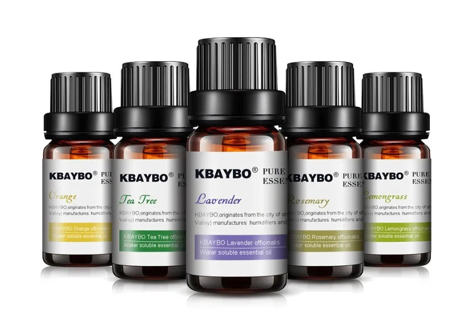 Six 10ml essential oil bottles lavender lemongrass tea tree peppermint rosemary orange for aromatherapy