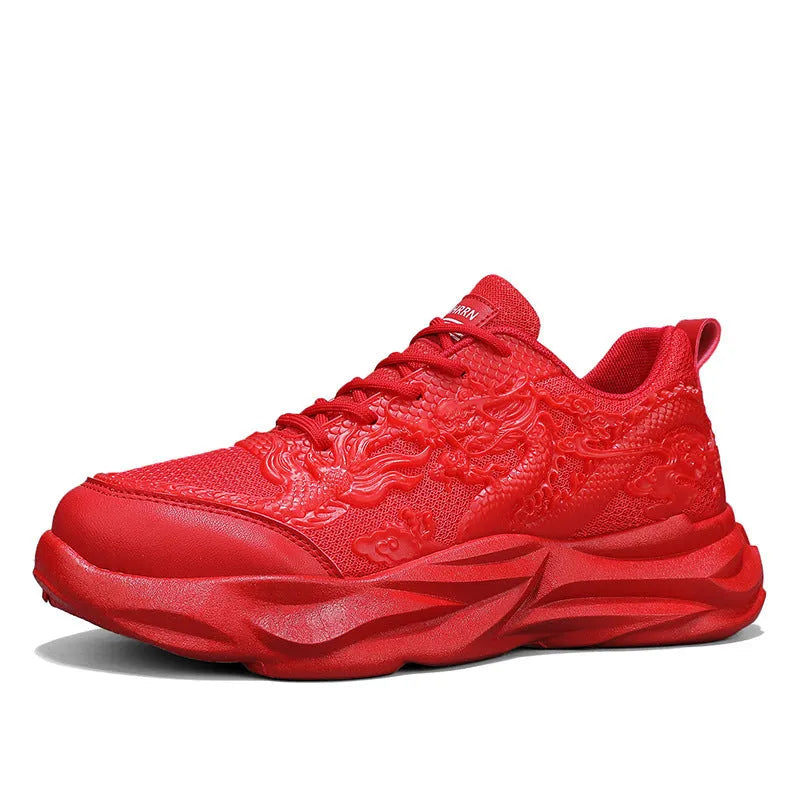 Casual fly knit sneakers with Chinese dragon design, microfibre upper, and rubber sole