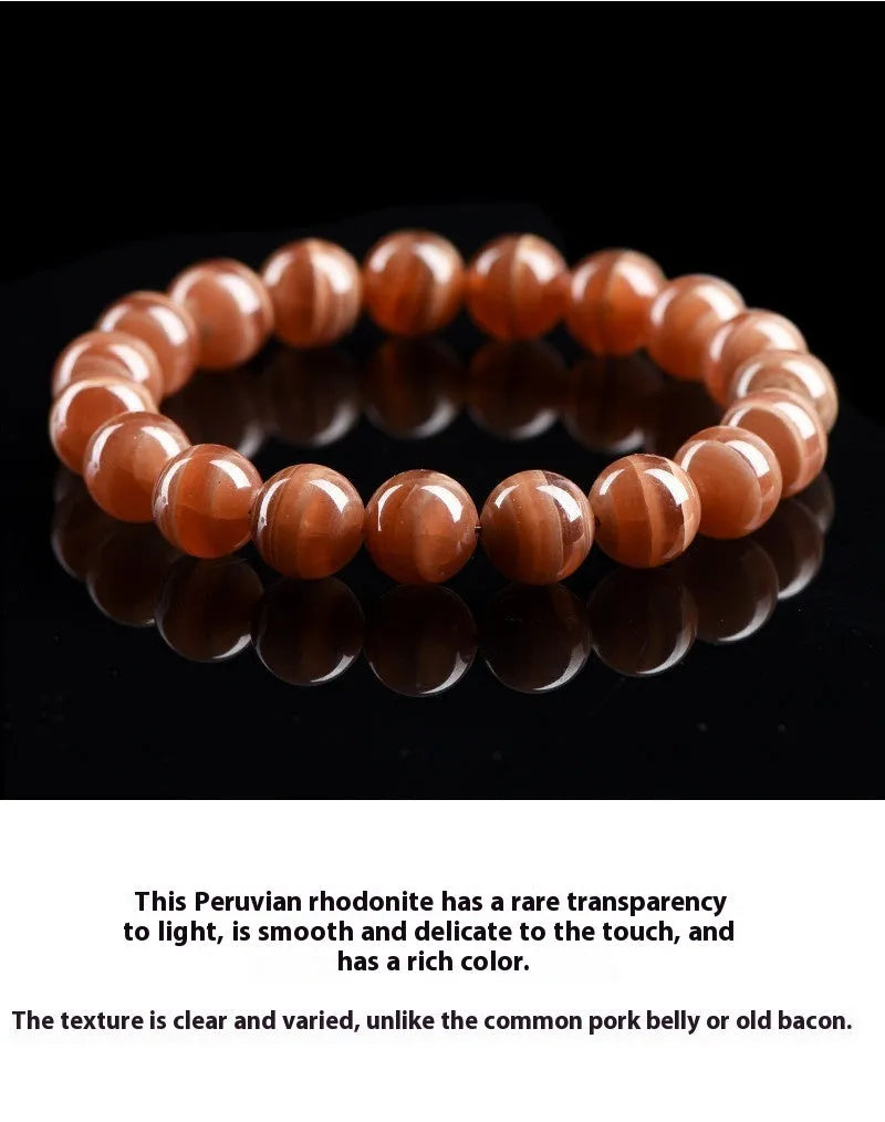 Natural Old Mine Rhodochrosite round bead bracelet with Ruyi charm, shown in 6mm and 8mm size options.