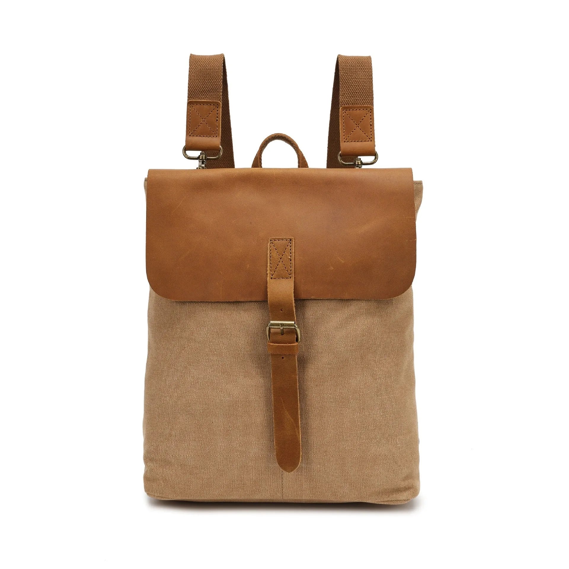 Waterproof canvas student backpack with Crazy Horse leather trim in minimalist design