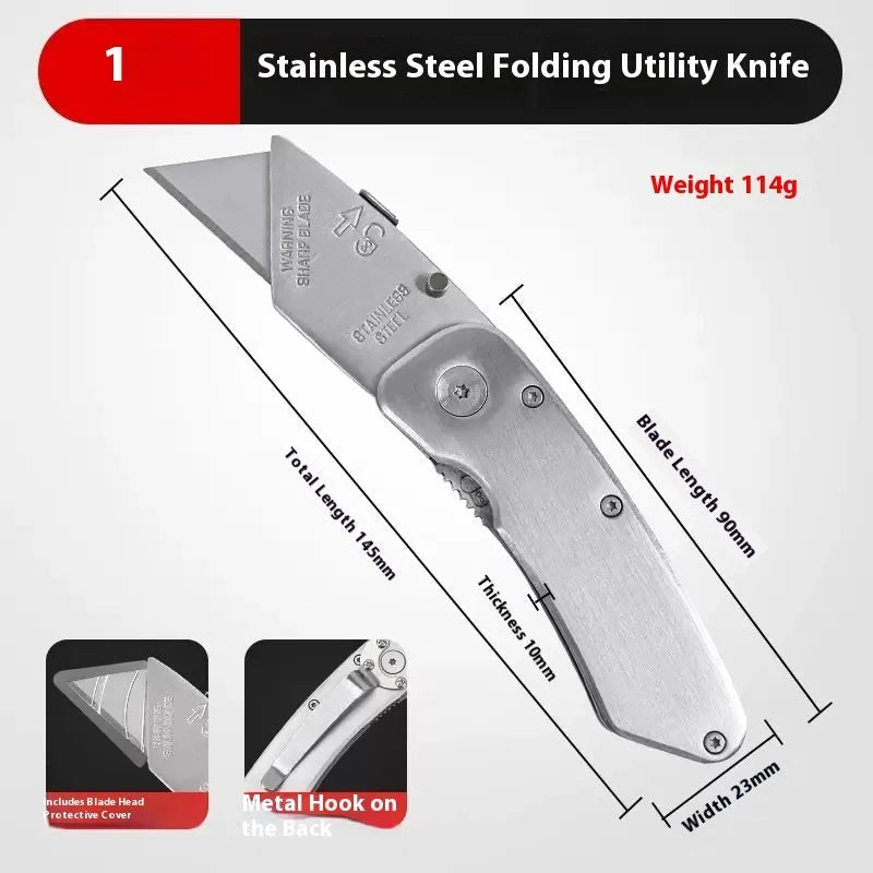 Stainless steel folding utility art knife with black blade and a pack of spare blades.