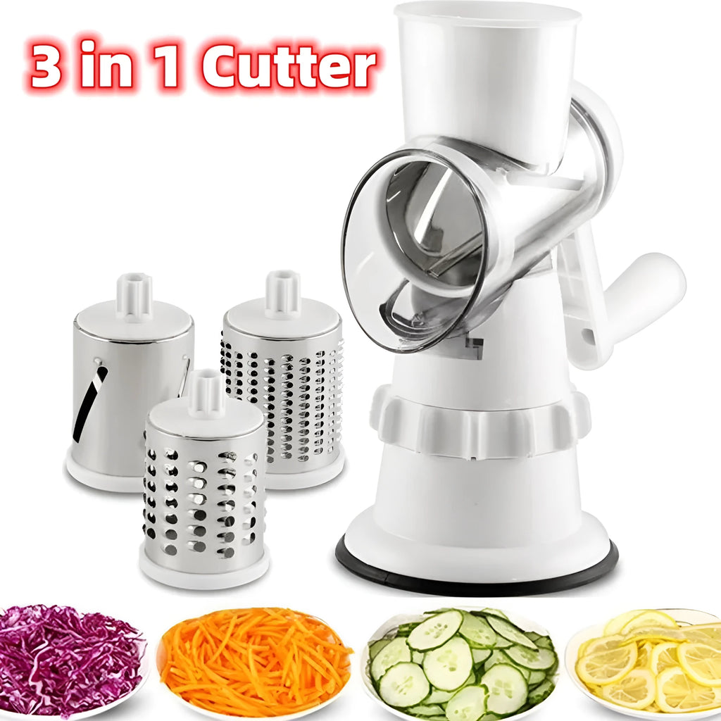 White plastic manual vegetable slicer with rotating drum and suction feet