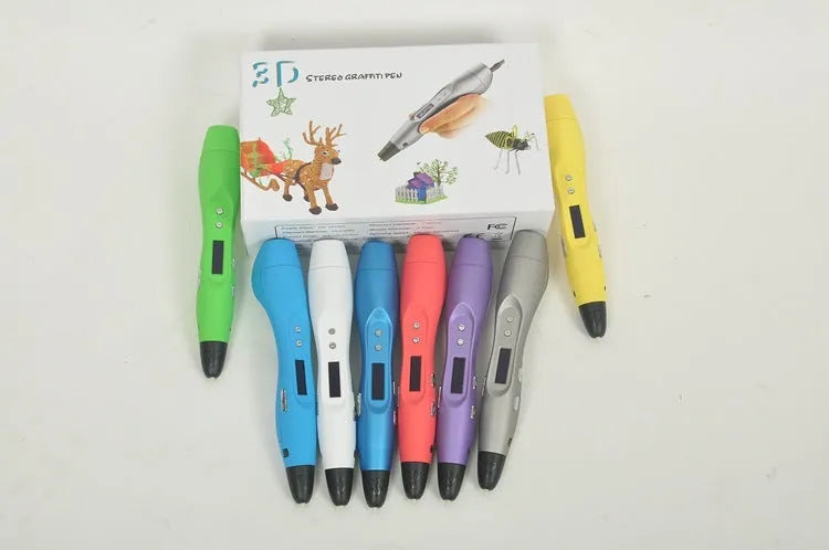 Light blue 3D printing pen with hot melt extrusion, 0.7mm nozzle, UK plug, lying on a white surface