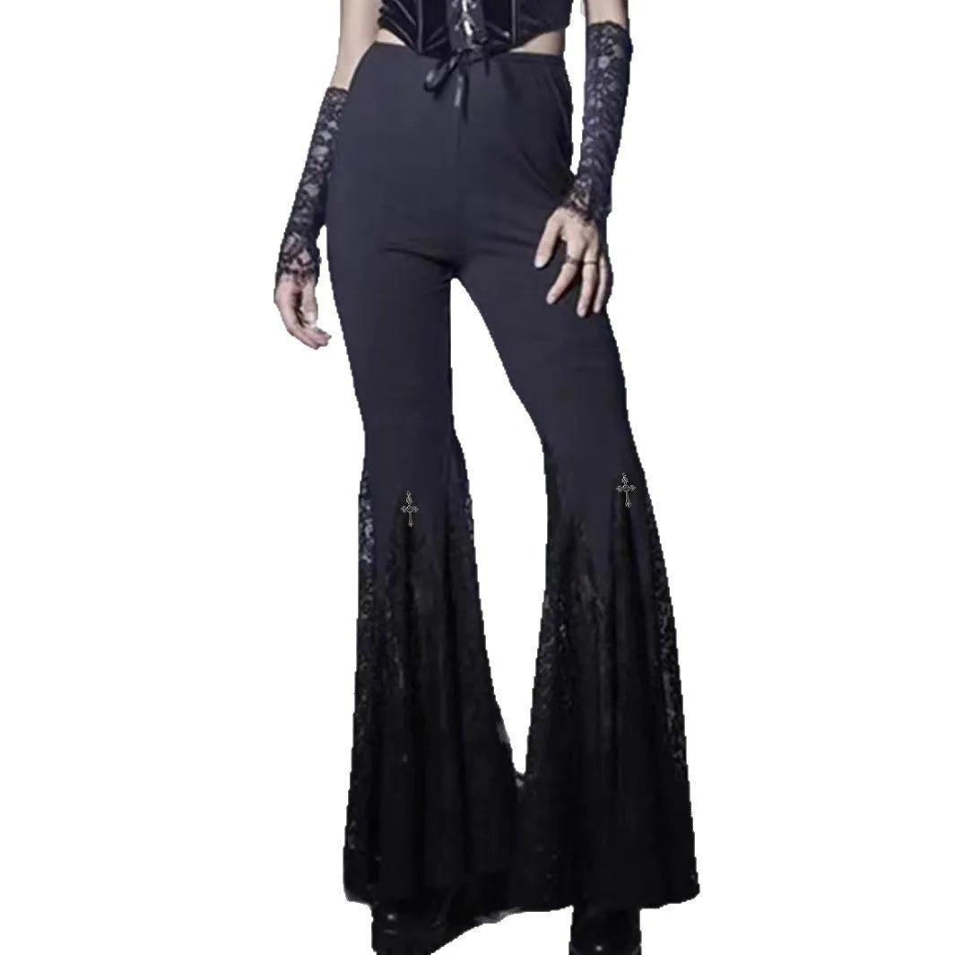 Women's cross black bell-bottom pants with lace stitching, high waist, dark style street fashion